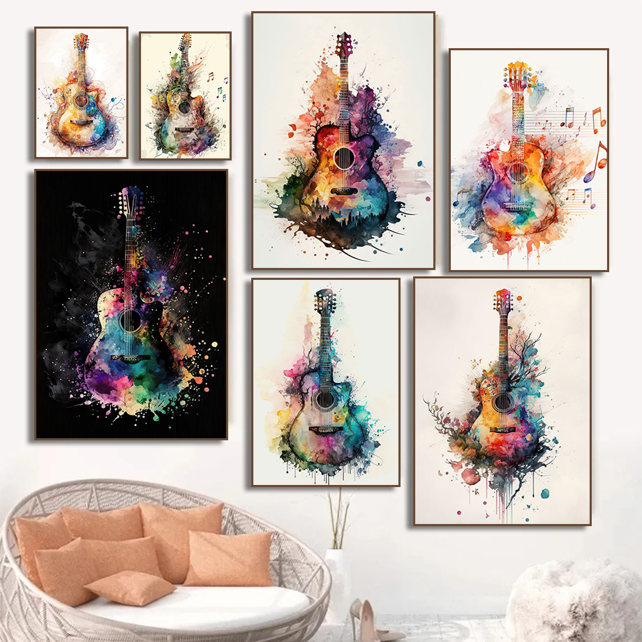 Picture Of Musical Instrument - Muziekinstrument Gitaar Aquarel Art Poster Canvas